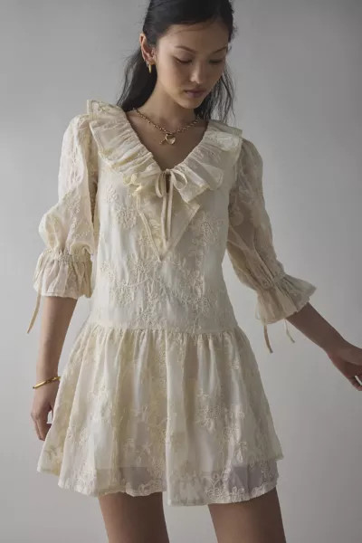 Kiss The Sky Lace Ruffle Collar Babydoll Mini Dress | Urban Outfitters (US and RoW)
