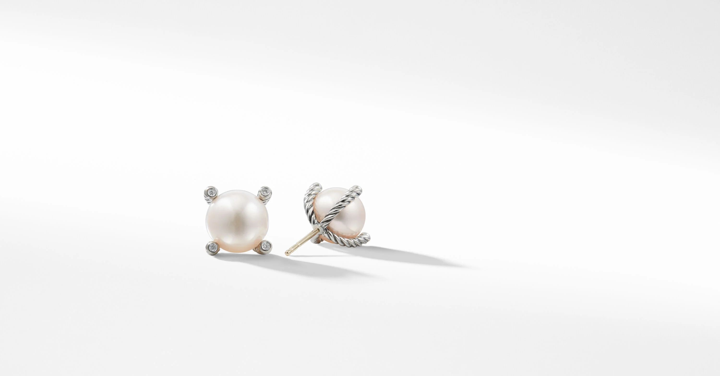 Cable Pearl Stud Earrings in Sterling Silver with Diamonds | David Yurman