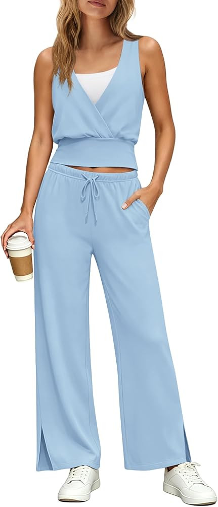Yanekop Womens 2 Piece Lounge Set Pilates Wrap Top Wide Leg Pants Set Summer Beach Vacation Outfi... | Amazon (US)