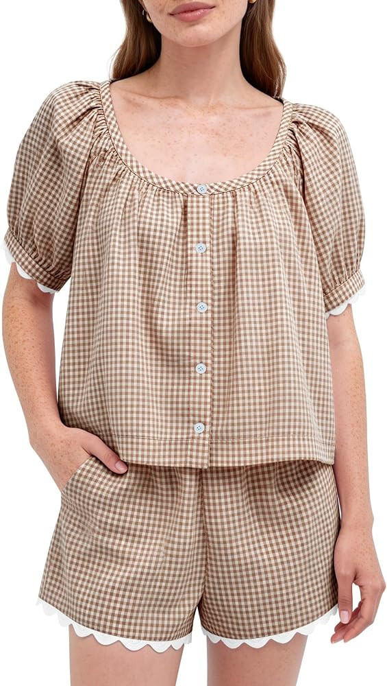 Kissonic Women's Gingham Pajama Set 2 Piece Cotton Pjs Puff Sleeve Scoop Neck Scalloped Trim Shor... | Amazon (US)
