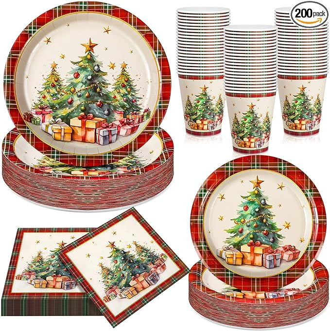 Domensi 200 Pcs Vintage Christmas Party Supplies Tableware Set for 50 Guests, 7 & 9 Inch Christma... | Amazon (US)