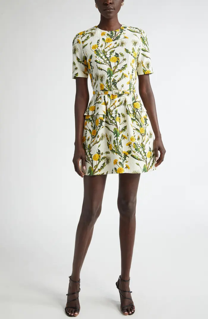 Oscar de la Renta Dandelion Print Cotton Blend Cloqué Belted Dress | Nordstrom | Nordstrom