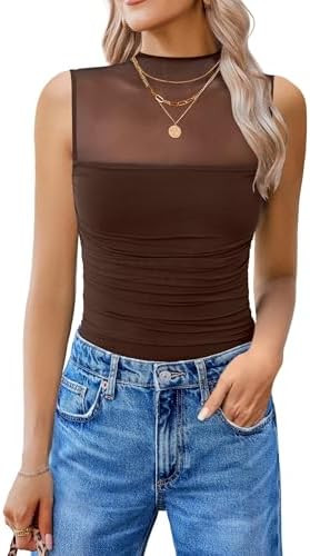 Avidlove Women's Mock Neck Mesh Bodysuit Ruched Tank Body Suits Top Sheer One Piece Going Out Top... | Amazon (US)