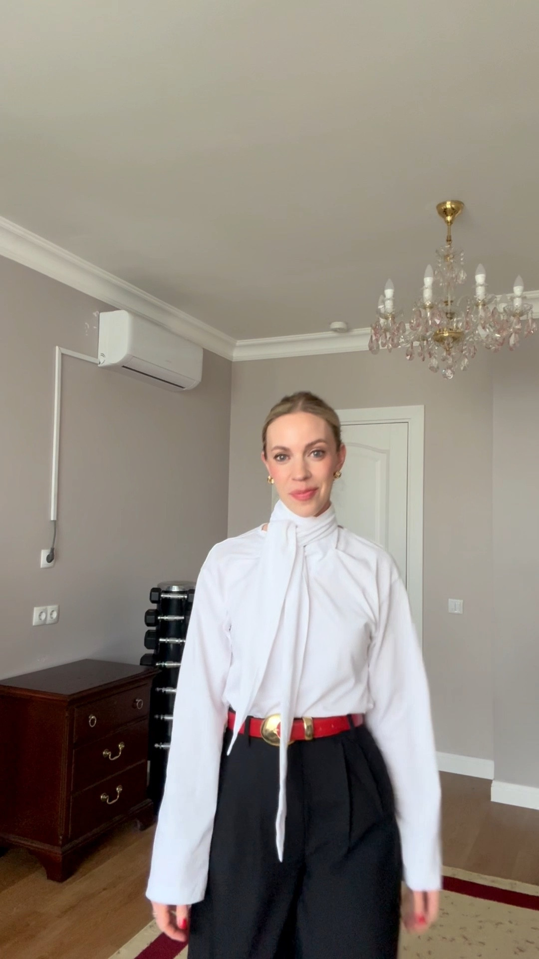 Tie neck top is so chic and under $40 - soft tee shirt material!

Work outfit, @Zara workwear, white bow blouse, @abercrombie trousers, red belt

#LTKWorkwear #LTKootd #LTKOver40