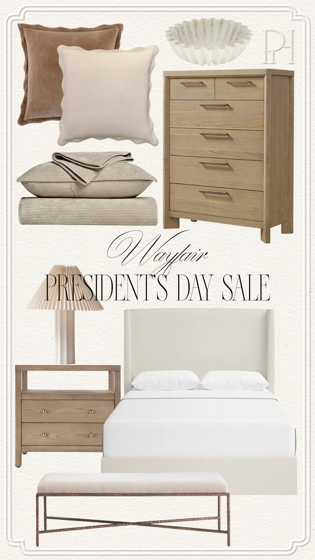 Some of my favorite bedroom finds currently on sale with Wayfair's President's Day Sale!

neutral home, neutral furniture, bedroom furniture, neutral bedding, beige bedding, brown throw pillows, off-white throw pillows, scalloped accent pillows, velvet throw pillows, upright dresser, nightstand, bedside table, accent table, side table, upholstered bed frame, upholstered bench, white bed frame, white bench, ruffled bowl, decorative bowl, duvet cover, scalloped bowl, marble bowl, fluted table lamp, white table lamp 

 #LTKSeasonal #LTKHome #LTKSaleAlert