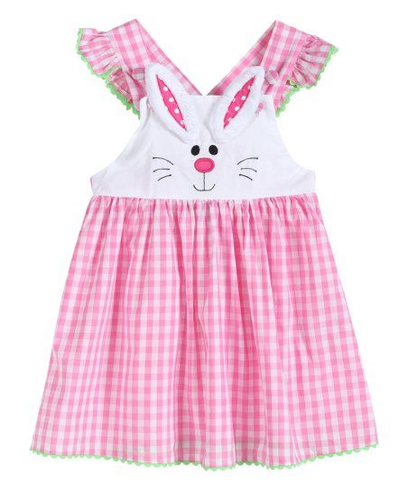 Pink & White Gingham Bunny Face Angel-Sleeve Dress - Toddler & Girls | Zulily