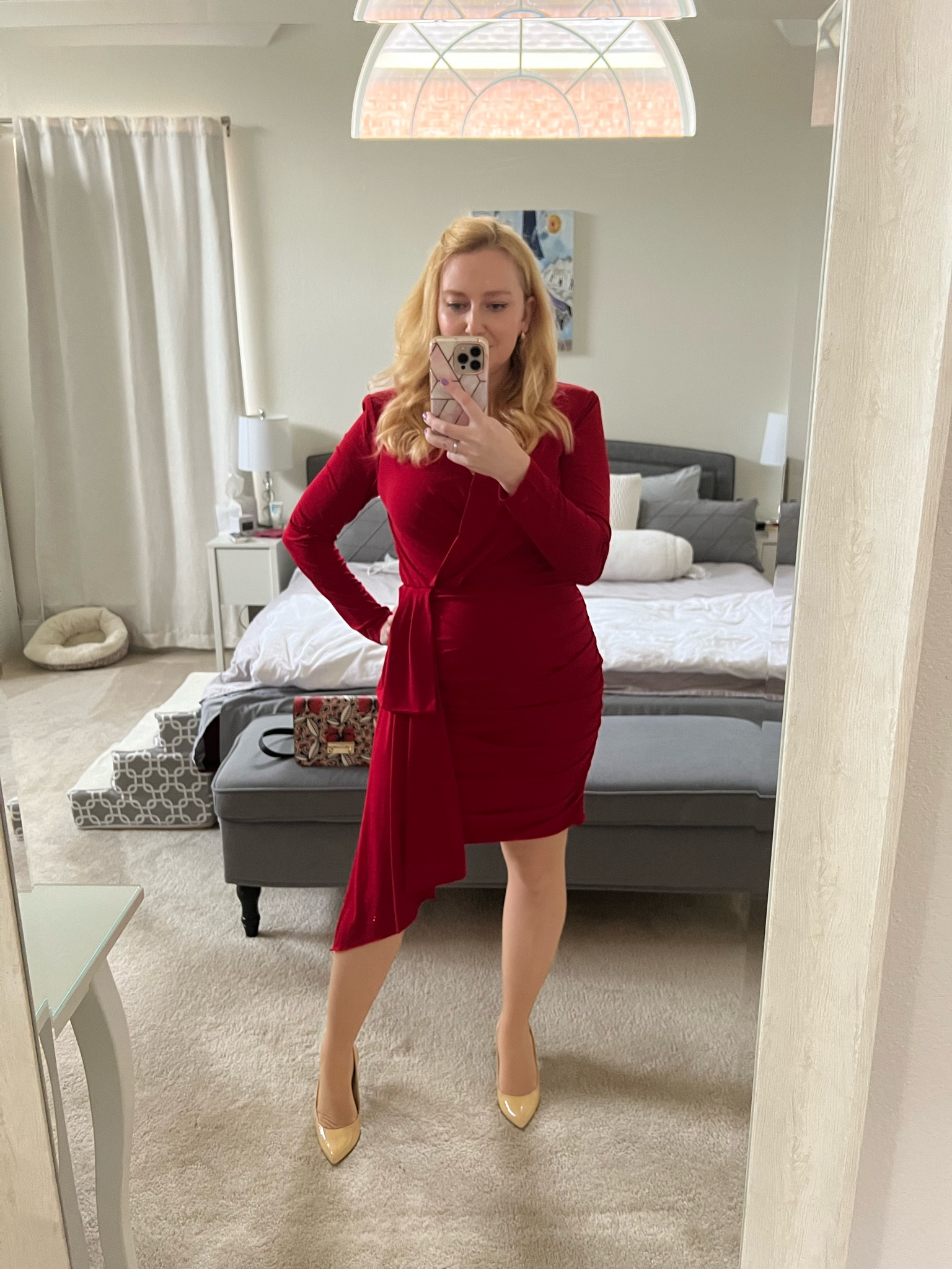Perfect red dress for any festivity- dinner, Christmas photos, New Years Eve 
Flattering bodycon dress with light shoulder padding 
Wedding guest idea 
Currently on sale 
I’m wearing a medium 

#LTKSeasonal #LTKunder100 #LTKsalealert