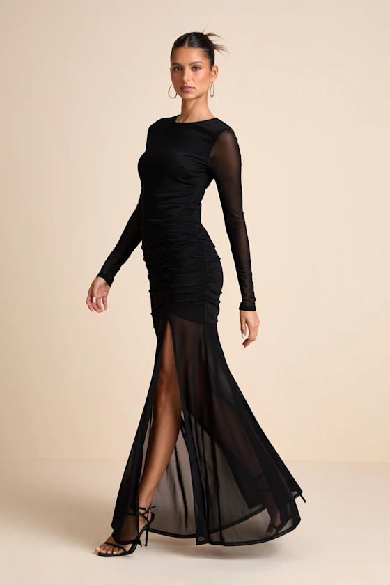 Vibrant Poise Black Mesh Ruched Maxi Dress | Lulus