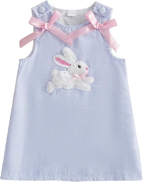 Toddler Baby Girl Easter Outfit Sleeveless Crew Neck Bow Bunny Rabbit Embroidery Dress Little Gir... | Amazon (US)