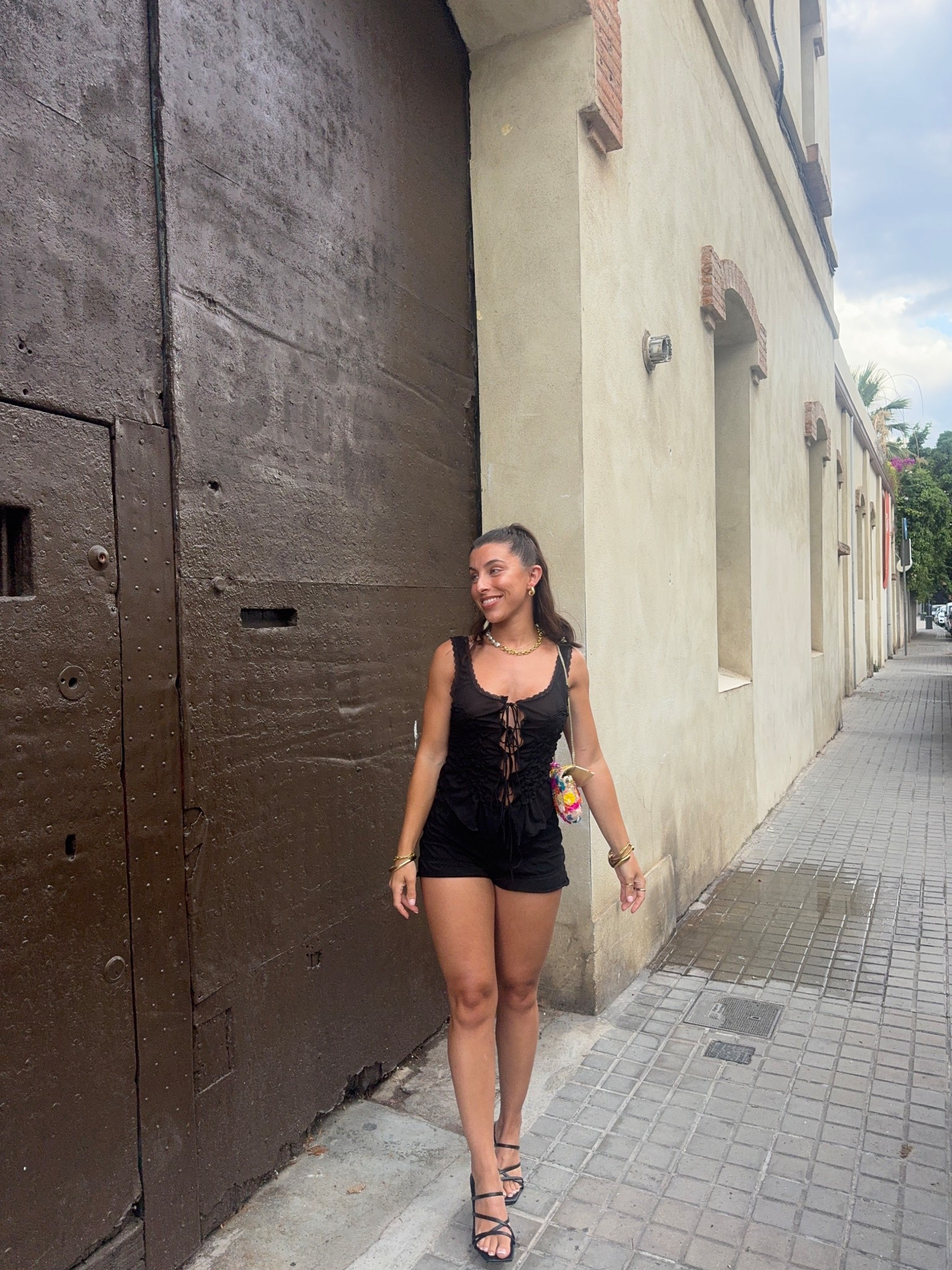Going out outfit, ootn, black outfit, monochrome, petite, mini shorts, frill shorts, mesh top, tie top, asos, Zara, gold jewellery, pearl, statement, chain, bangles, kitten heels, beaded bag, tkmaxx, embroidered bag, shoulder bag, evening outfit, dinner outfit, holiday wardrobe, essentials