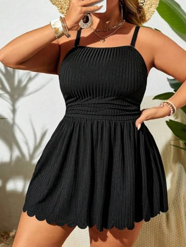 Plus Size Women Solid Spaghetti Strap Swim Dress with Scallop Hem and Bikini Bottom Summer Beach Pool Black | Amazon (US)