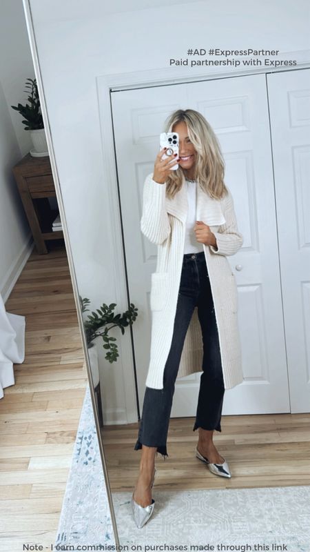 #ad #expresspartner Casual outfit | Sizing info:
-Duster cardigan - runs TTS, wearing a small
-Bodysuit - runs TTS, wearing a small
-Jeans - run a little short (for length reference, I’m 5’6” and usually wear a regular length in jeans but I’m wearing a size small long in these jeans)
-Silver shoes - run slightly big. If in between sizes, recommend sizing down one size (I went with my usual size)

@express #expressyou