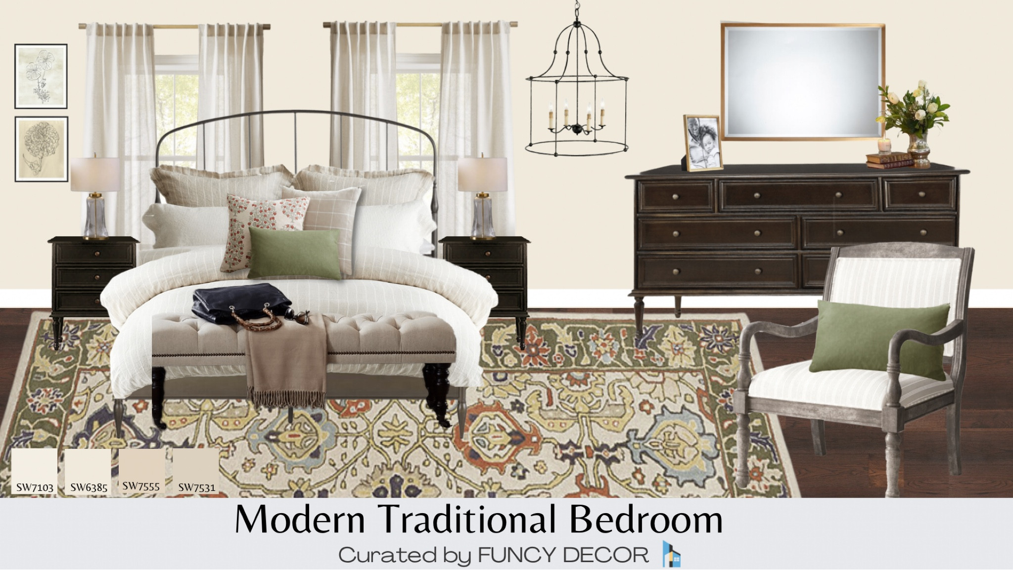 This Modern Traditional bedroom incorporates modern dark woods, turned legs, and hues of a traditional room while toning down the heaviness a traditional room can lend.  Pieces are curated from Ballard Designs, Pottery Barn, Kathy Kuo Home, Crate and Barrel, and Wayfair.

#LTKhome #LTKstyletip #LTKFind