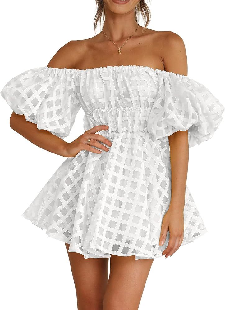 PRETTYGARDEN Women's Off The Shoulder Babydoll Dress Short Puff Sleeve Casual A Line Ruffle Summer D | Amazon (US)