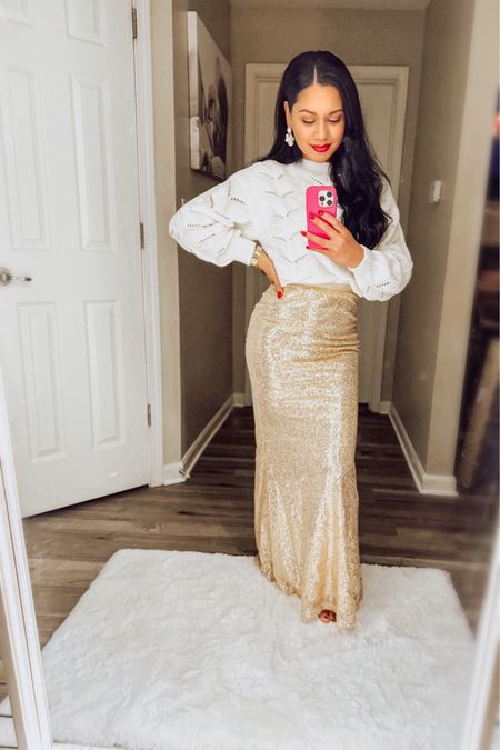 Sequin skirt and sweater outfit for this fabulous New Year’s Eve!  I’m usually in a short skirt but loved the elegance of this long mermaid piece.✨ 

(wearing size small)

#LTKHoliday 

#LTKfindsunder50 #LTKparties
