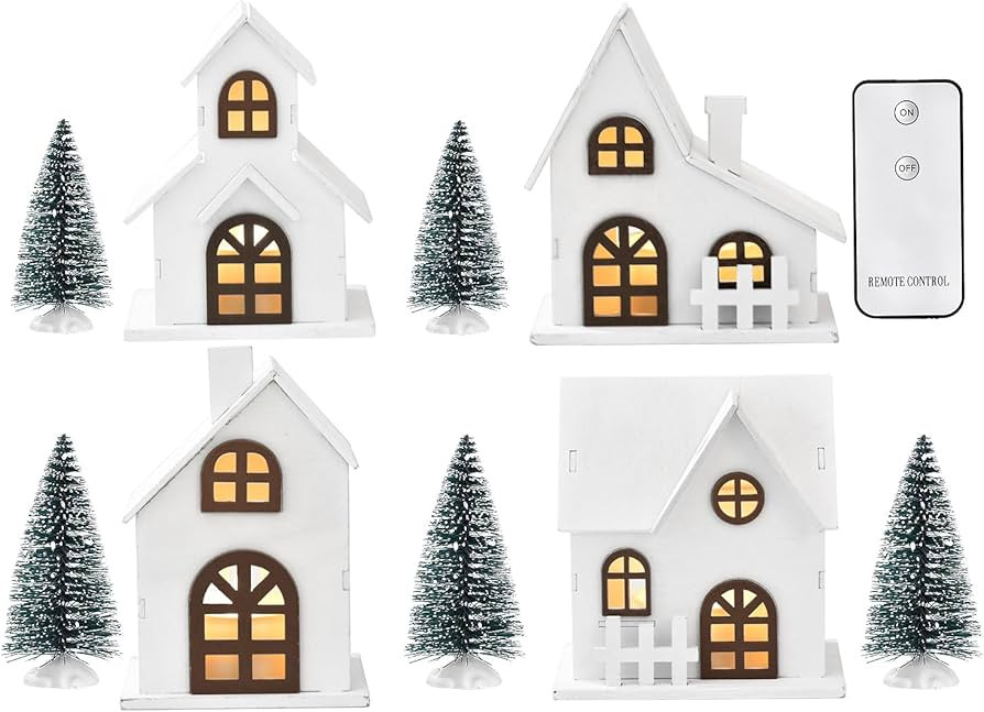 Wood & Plastic Christmas Sculpture Set, 9pcs, Including 4 LED Lighted Houses and 5 Frosted Trees ... | Amazon (US)