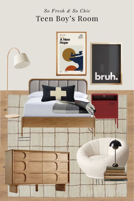 Teen boys room inspiration! (The blanket is the Pendleton washable blanket from Brooklinen.)
-
Etsy - Pendleton - Crate and Barrel - Urban Outfitters - Target - Lulu and Georgia - Sarah Sherman Samuel - Wayfair - Star Wars poster - Bruh poster - printable wall art - affordable teen room decor - dorm room inspiration decor - Sherpa swivel arm chair - mid century modern table lamp - arc floor lamp - high low boys room - wood dresser - upholstered grey bed - red metal nightstand - boy room decor - teen boys room decor - neutral teen room 

#LTKhome #LTKsalealert #LTKkids