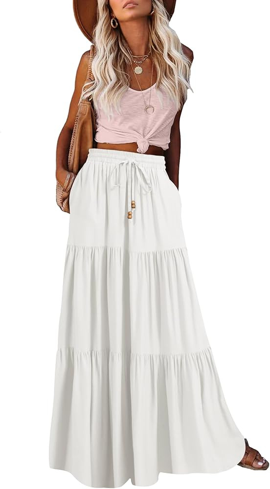 HAEOF Women's Summer Boho Maxi Skirt A-Line Flowy Ruffle Tiered Elastic High Waist Beach Long Ski... | Amazon (US)