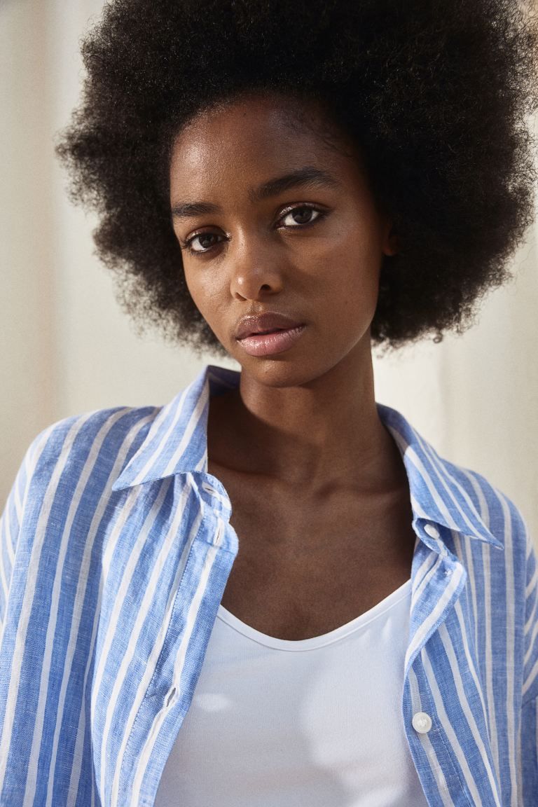 Linen Shirt - Short sleeve - Regular length - Blue/striped - Ladies | H&M US | H&M (US + CA)