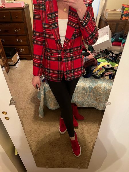 Plaid blazer (size small). White cami (size small). Black faux leather leggings (size small). Red sneakers (size 8.5). #blazer #plaidblazer #leggings #blackleggings #fauxleatherleggings #sneakers #redsneakers #christmasoutfit #holidayoutfit #holidayparty #cami #whitecami Christmas Outfit Holiday Outfit Holiday Party #LTKHoliday Winter Outfit Sneakers 

#LTKstyletip #LTKfindsunder100