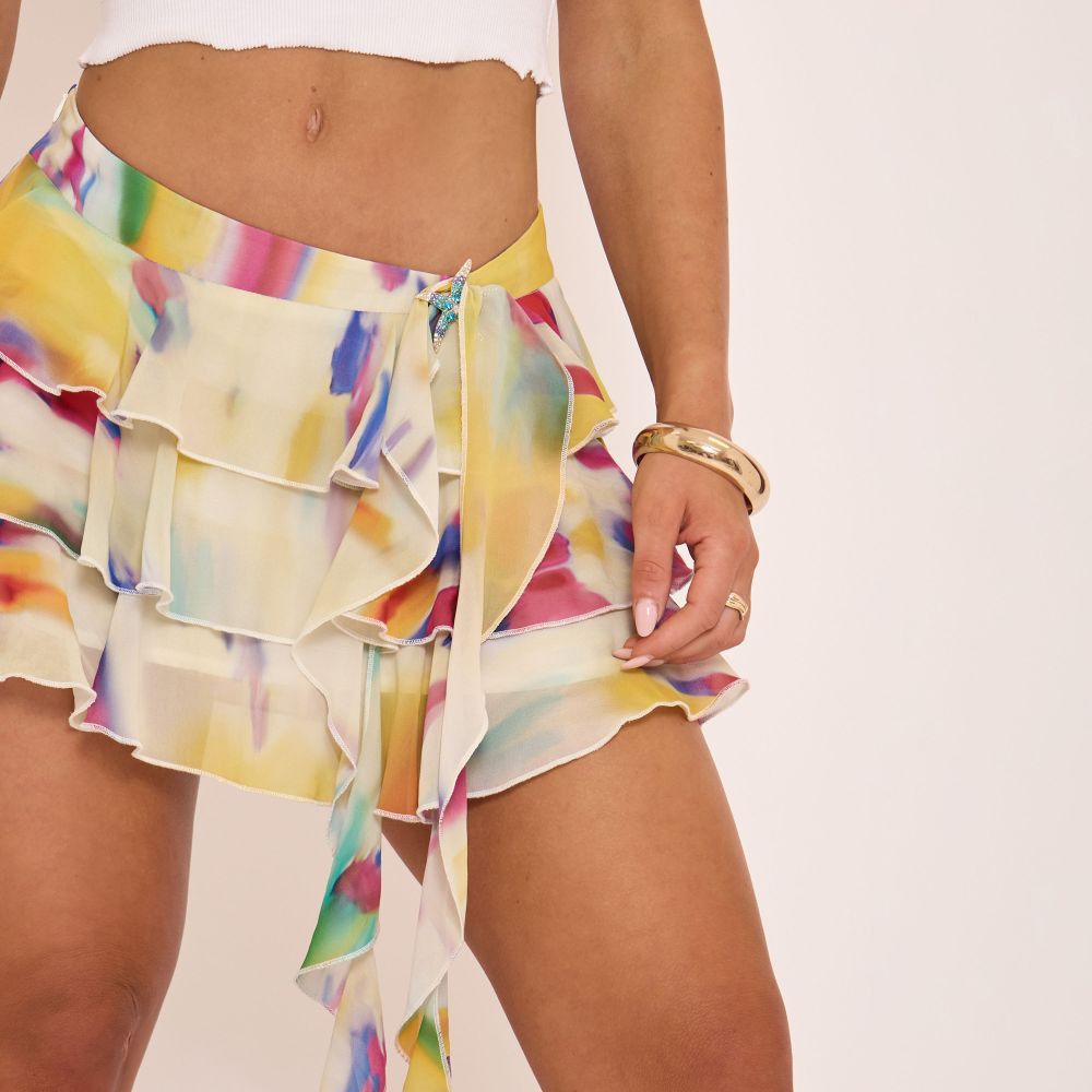 Mid Rise Layered Ruffle Trim Detail Mini Skirt In White Abstract Print | EGO (UK)