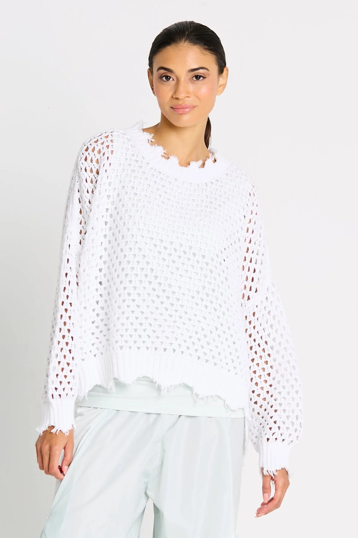 Pima Cotton Hamptons Crewneck Crochet Sweater - White | Planet By Lauren G