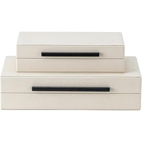 Generic Sagala Set of 2 Ivory Shagreen Decorative Boxes With Black Metal Handles, Faux Leather Je... | Amazon (US)