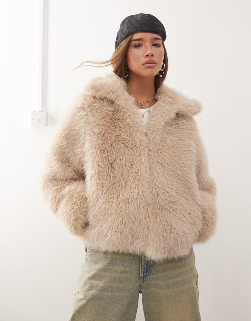 Noisy May faux fur jacket in beige-Neutral | ASOS (Global)