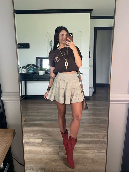 Coors Western graphic paired with skort, gold jewelry & brick red boots! LORI20 to save on the boots at willlow boutique! 

#LTKshoecrush #LTKFestival #LTKstyletip
