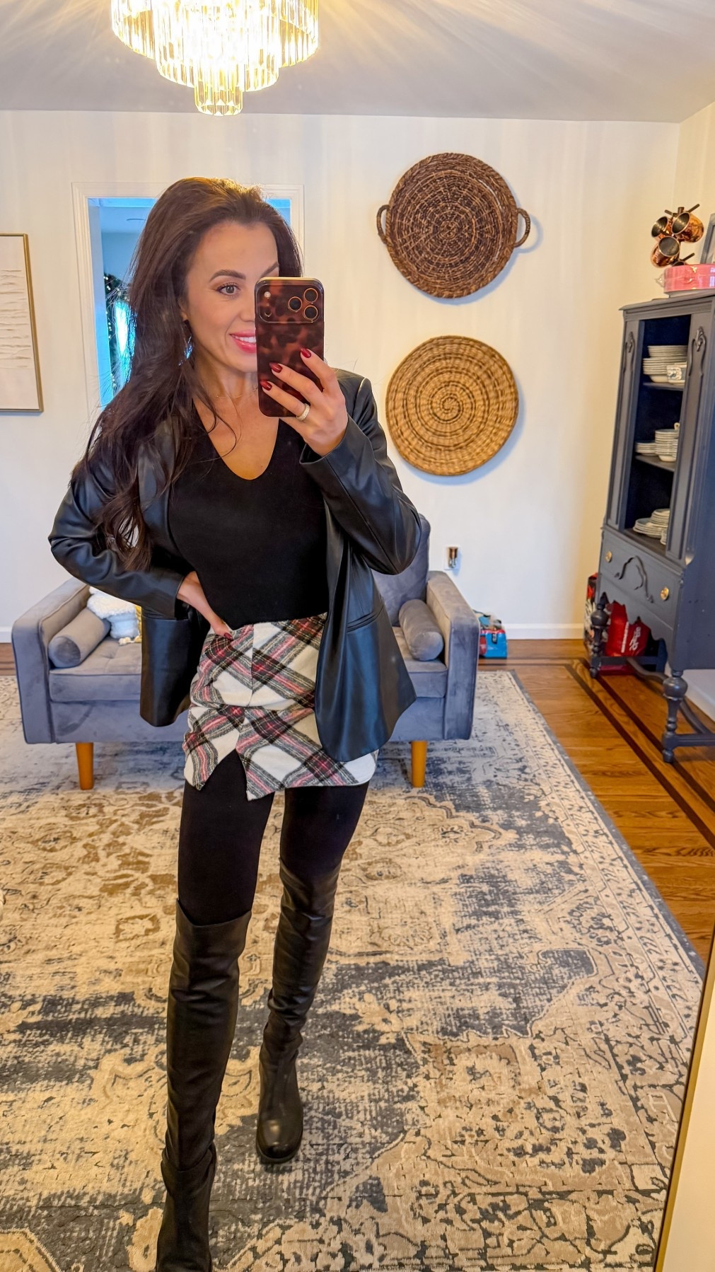 Holiday fashion. Plaid skirt. Christmas fashion. Leather blazer. OTK boot 

#LTKHoliday #LTKSeasonal #LTKGiftGuide