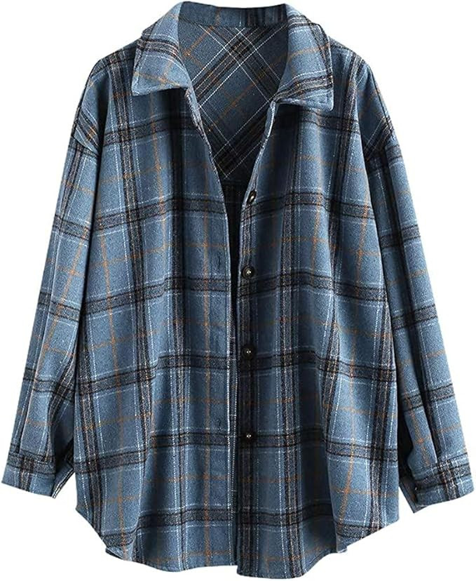 ZAFUL Women's Plaid Long Sleeve Shirt Button Down Thin Jacket Casual Flannel Plaid Shacket with P... | Amazon (US)