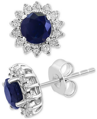 EFFY® Sapphire (1-1/6 ct. t.w.) & Diamond (1/6 ct. t.w.) Halo Stud Earrings in 14k White Gold or... | Macy's