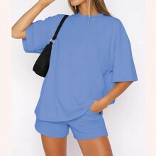 Women Solid Color Drop Shoulder Sleeve SpringSummer TShirt And Shorts Piece Set | SHEIN