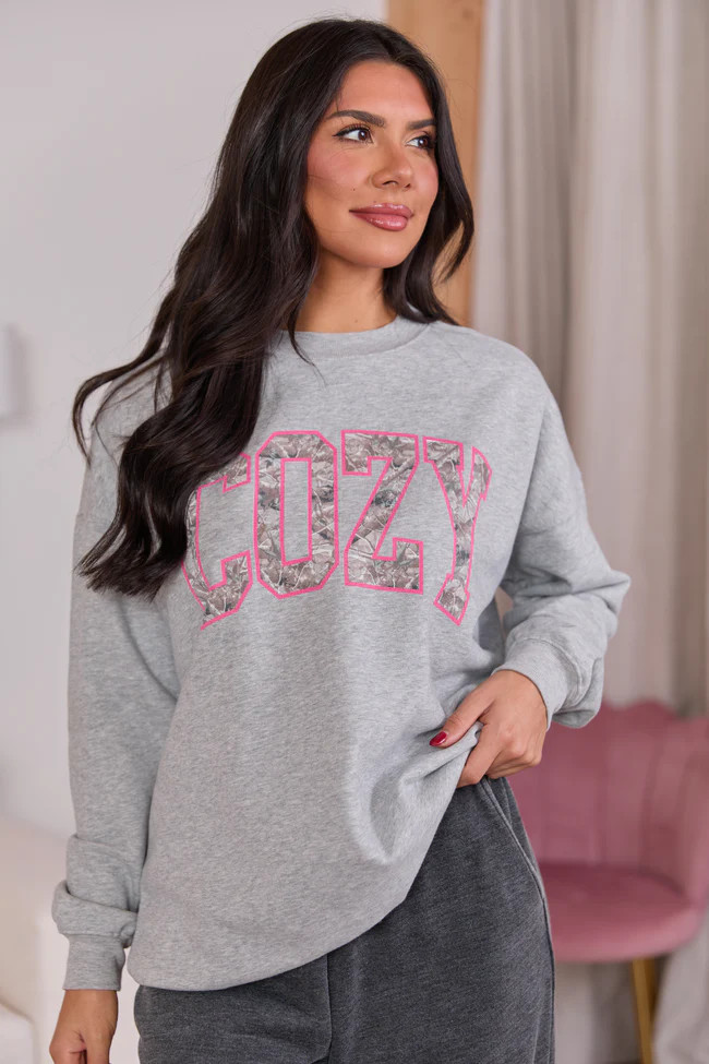 Cozy Camo Light Grey Graphic Sweatshirt SALE | Pink Lily