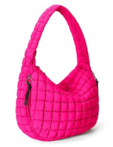 Hot Pink Quilted Carryall Tote Bag Puffy Large Quilting Cute Puffer Shoulder Bags Lightweight Quilt Padding Soft Hobo Bag Padded for Women Winter Fashion | Amazon (US)
