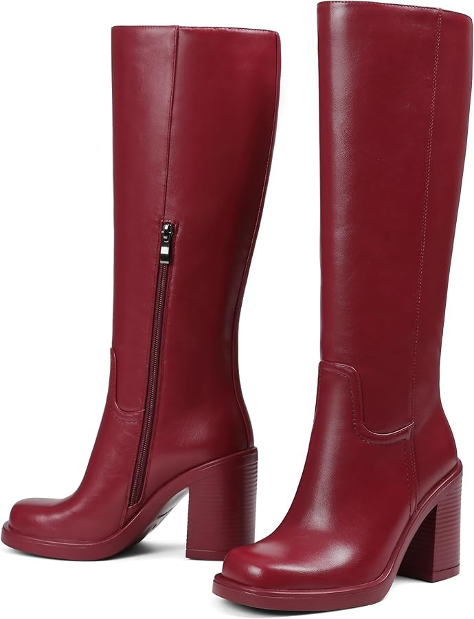 Womens Knee High Boots Wide Calf - Square Toe Platform Tall Boots Chunky Block Heel, Faux Leather... | Amazon (US)