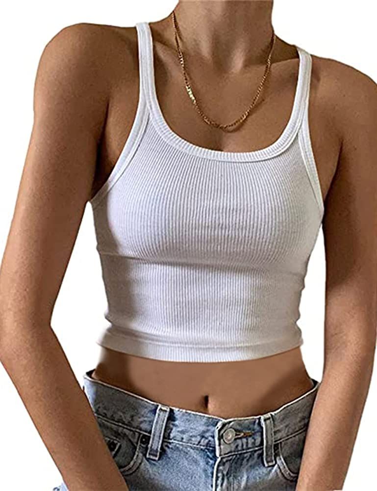 Meladyan Women Plain Ribbed Knit Crop Cami Tank Basic Slim Fit Scoop Neck Sleeveless Racerback Cropp | Amazon (US)