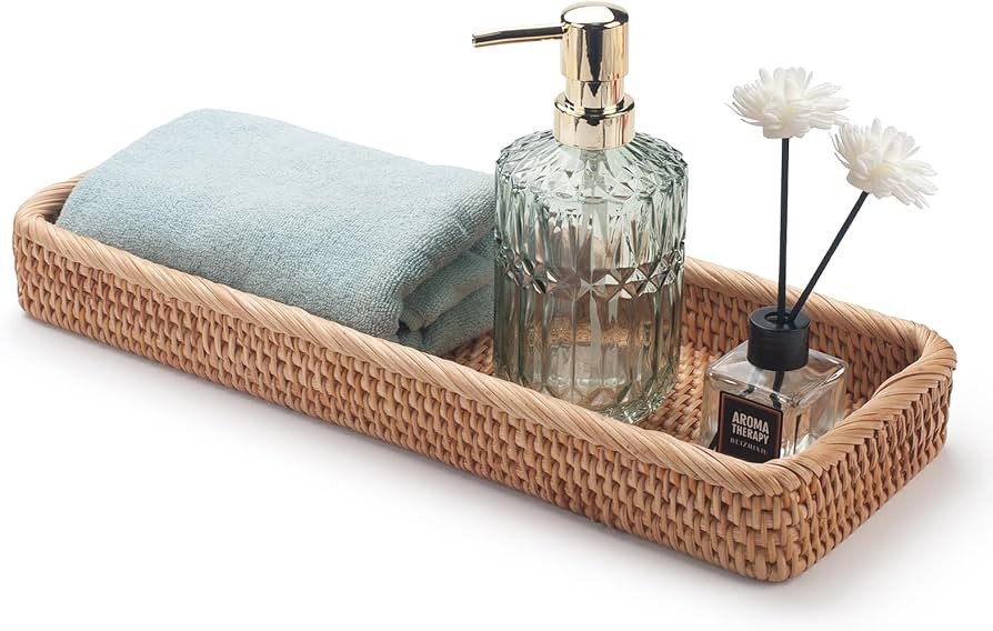 Rattan Bathroom Vanity Trays Toilet Tank Baskets Long Narrow Hand Towel Storage Basket for Storag... | Amazon (US)