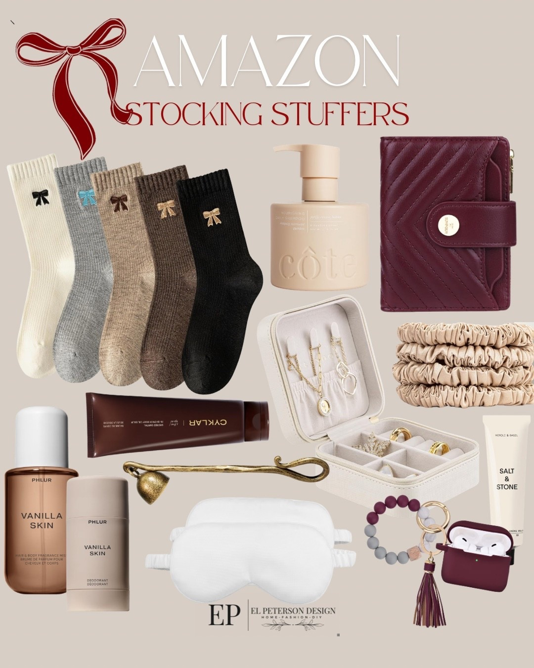 Amazon 
Stocking stuffers
Socks
Eye patch 
Deodorant
Wallet 
EarPod case
Small jewelry box
Scrunchies 
Snuffer
Moisturizer 


#LTKGiftGuide #LTKFindsUnder50 #LTKFindsUnder100