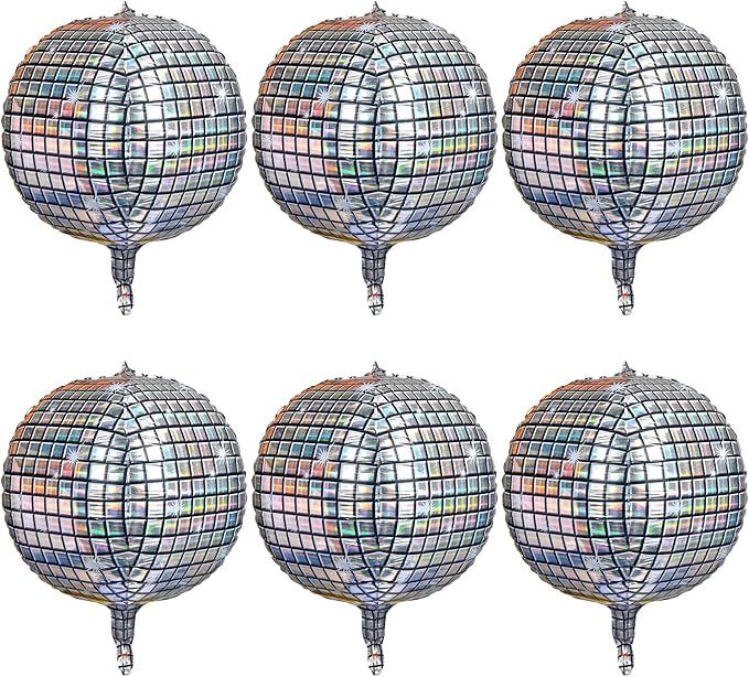 6 Count 22 Inch Disco Ball Balloon Silver laser 4D Large Inflatable Sphere Aluminum Foil Balloon ... | Amazon (US)