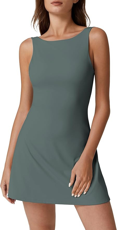 QINSEN Womens Open Back Tennis Dress Sleeveless Built in Shorts Golf Athletic Dress with Pockets | Amazon (US)
