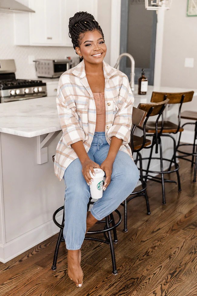 Meet You Outside Tan/Blue Plaid Shacket | Pink Lily