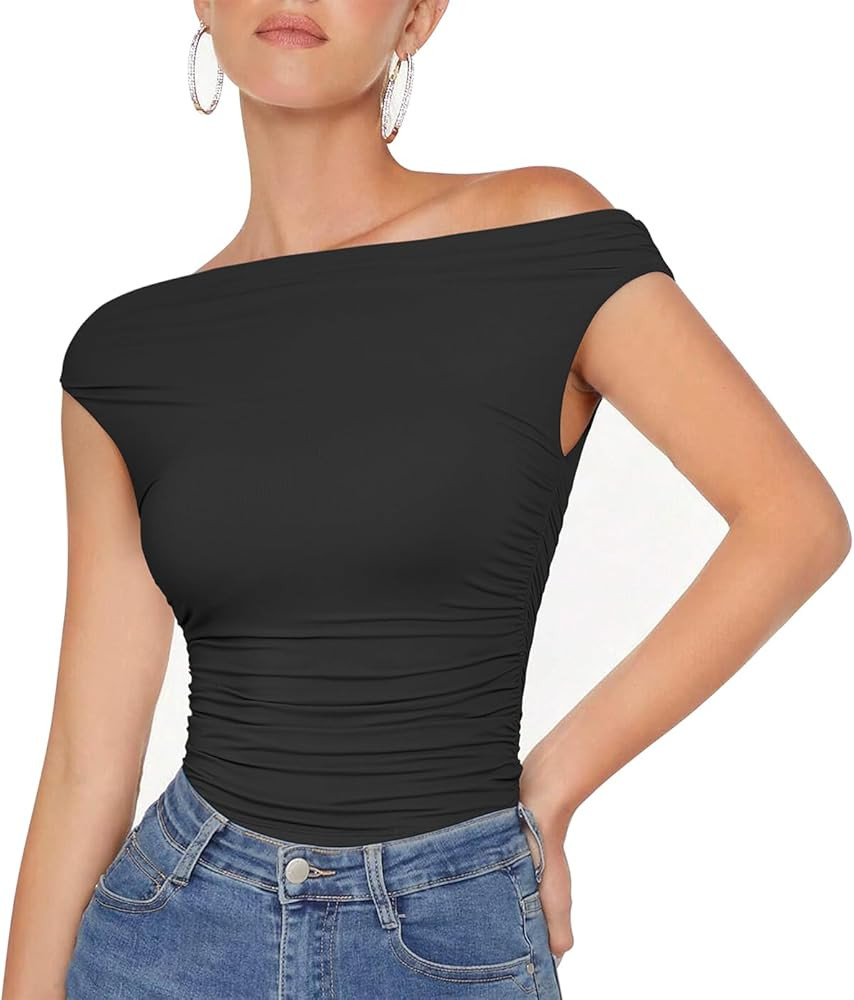 OMKAGI Women One Off Shoulder Y2K Tops Double Lined Slim Fit T Shirts Basic Tees | Amazon (US)