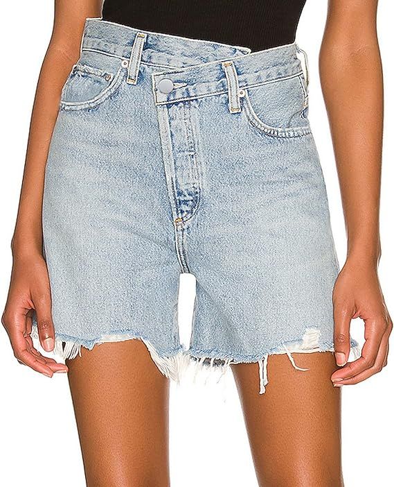 PRETISKY Women's High Waist Criss Cross Short Denim Shorts Stretchy Straight Leg Raw Cuffs Long J... | Amazon (US)