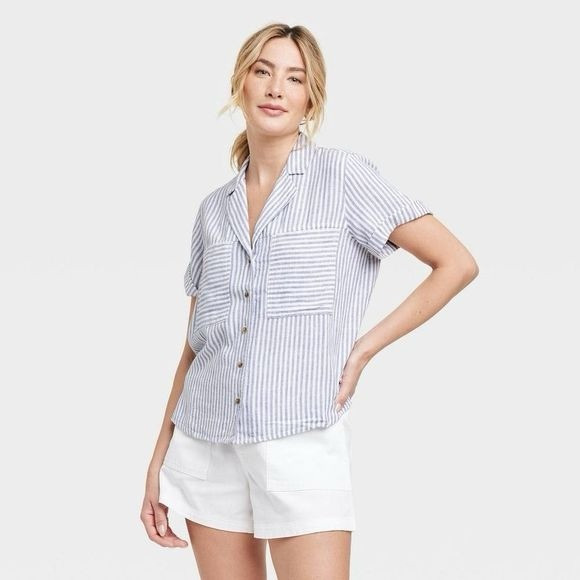 Women's Linen Short Sleeve Button-Down Shirt Universal Thread Blue Stripe | Poshmark