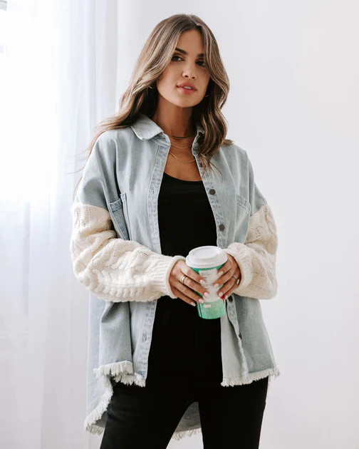 Mixed Feelings Cable Knit Contrast Frayed Shacket - Denim/Ivory | VICI