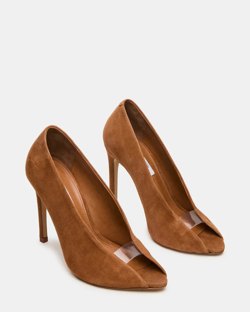 SANTINO Chestnut Suede Open Peep-Toe Stiletto PVC Strap Women's Heel | Steve Madden (US)