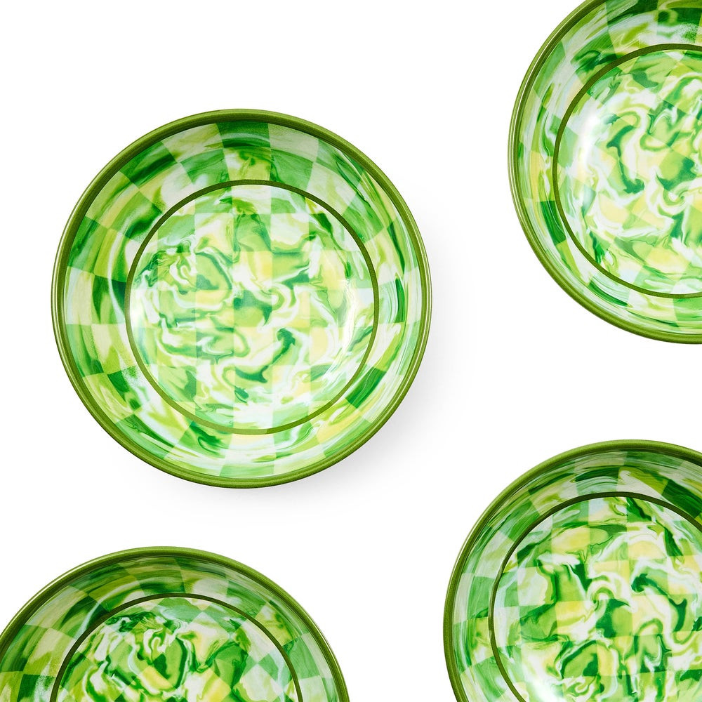 Green Marble Check Melamine Small Bowls, Set of 4 | MacKenzie-Childs