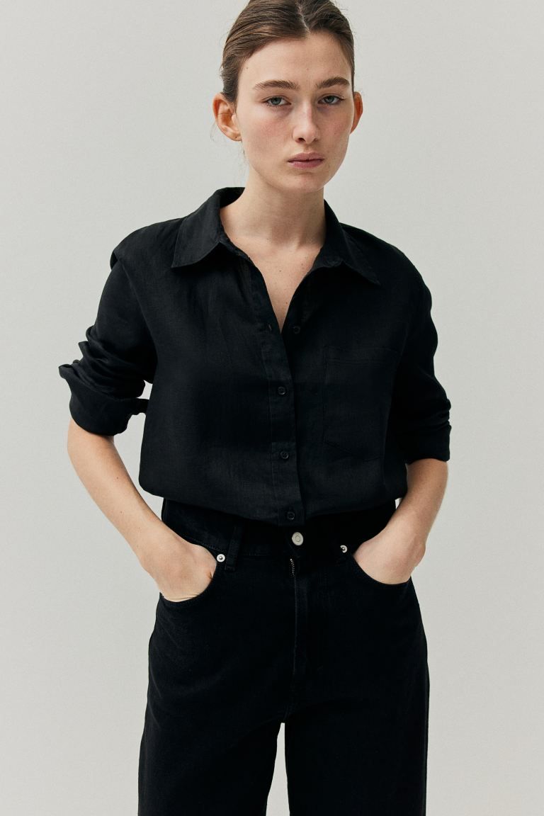 Linen Shirt - Long sleeve - Regular length - Black - Ladies | H&M US | H&M (US + CA)