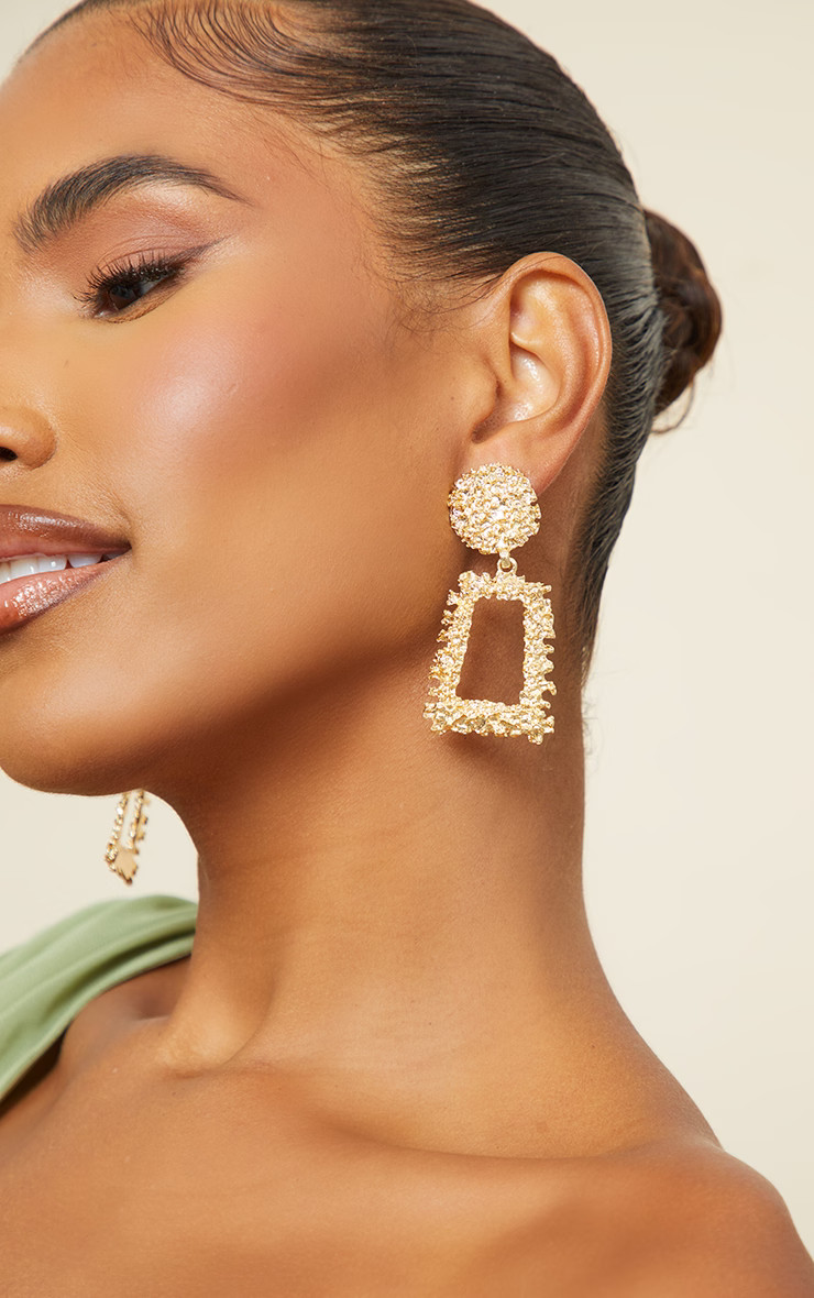 Gold Chunky Textured Square Drop Door Knocker Earrings | PrettyLittleThing US